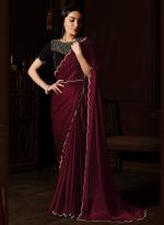 Maroon Satin Chiffon Silk Party Wear Zarkan Work Saree