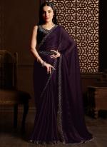 Wine Satin Chiffon Silk Party Wear Zarkan Work Saree