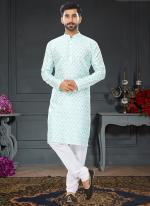 White  Blue Silk Traditional Wear Digital Printed Kurta Pajama