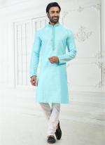 BLUE Linen Cotton Traditional Wear Thread Work Kurta Pajama