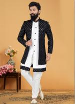 Black White Georgette,Banarasi Dhupion Wedding Wear Embroidery Work Mens Indo Western