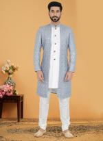 Grey White Georgette Banarasi Dhupion Wedding Wear Embroidery Work Mens Indo Western