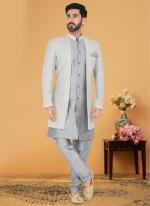 Ivory Grey Georgette Banarasi Dhupion Wedding Wear Embroidery Work Mens Indo Western