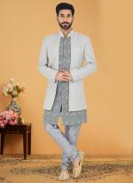 Ivory Grey Georgette Wedding Wear Embroidery Work Mens Indo Western