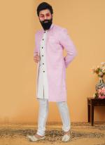 Pink White Georgette Banarasi Dhupion Wedding Wear Embroidery Work Mens Indo Western