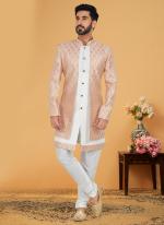 Pink White Jacquard Silk Banarasi Dhupion Wedding Wear Embroidery Work Mens Indo Western