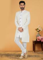 White Georgette Banarasi Dhupion Wedding Wear Embroidery Work Mens Indo Western