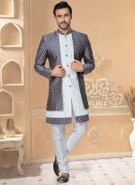 Blue White Jacquard Silk Banarasi Dhupion Wedding Wear Embroidery Work Mens Indo Western