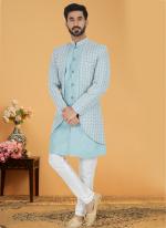 Grey Sky Blue Silk Banarasi Dhupion Wedding Wear Embroidery Work Mens Indo Western