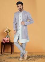 Grey White Silk Banarasi Dhupion Wedding Wear Embroidery Work Mens Indo Western