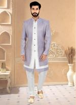 Lilac White Jacquard Silk Banarasi Dhupion Wedding Wear Embroidery Work Mens Indo Western