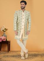 Lime Green Gold Jacquard Silk Banarasi Dhupion Wedding Wear Embroidery Work Mens Indo Western