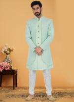 Lime Green Silk Banarasi Dhupion Wedding Wear Embroidery Work Mens Indo Western