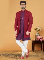 Red Magenta Georgette Banarasi Dhupion Wedding Wear Embroidery Work Mens Indo Western