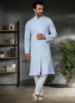 Sky Blue Cotton Festival Wear Embroidery Work Kurta Pajama