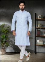 Sky Blue Cotton Festival Wear Embroidery Work Kurta Pajama