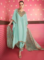 Turquoise Blue Satin Silk Party Wear Embroidery Work Kaftan Suit