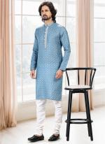 Blue Cotton Traditional Wear Thread Work Kurta Pajama