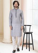 Grey Cotton Traditional Wear Thread Work Kurta Pajama