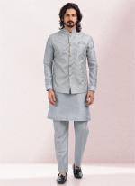 Grey Art Silk Festival Wear Thread Work Kurta Pajama With Jacket