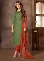 Green Cotton Regular Wear Embroidery Work Dress Material
