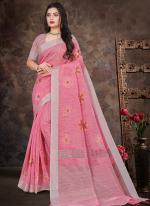 Pink Linen Festival Wear Embroidery Work Saree