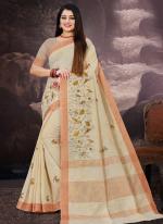 Cream Linen Festival Wear Zari Border Saree