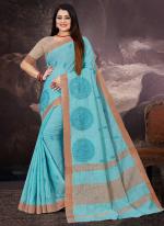 Light Blue Linen Festival Wear Zari Border Saree