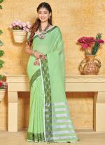 Pista Green Linen Festival Wear Weaving Saree