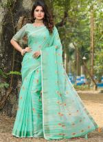 Turquoise Blue Linen Festival Wear Weaving Saree