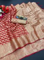 Red Pure Organza Casual Wear Weaving Saree