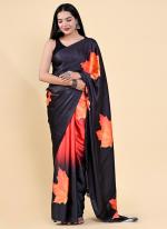 Black Satin Silk Party Wear Printed Saree