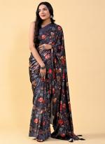 Blue Satin Silk Party Wear Printed Saree