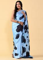 Sky Blue Satin Silk Party Wear Printed Saree