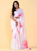 White Satin Silk Party Wear Printed Saree