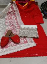 Red Cambric Cotton Festival Wear Sequins Work Readymade Salwar Suit