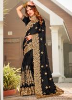 Black Pure Satin Festival Wear Embroidery Work Saree