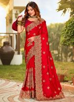 Red Pure Satin Festival Wear Embroidery Work Saree