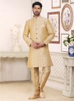 Cream Banarasi Jacquard Wedding Wear Weaving Indo Western Sherwani