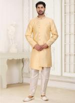 Yellow Banarasi Jacquard Wedding Wear Weaving Indo Western Sherwani
