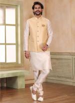 Beige Banarasi Silk Traditional Wear Weaving Kurta Pajama With Jacket