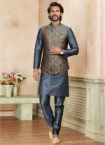 Dark Grey Banarasi Silk Traditional Wear Weaving Kurta Pajama With Jacket