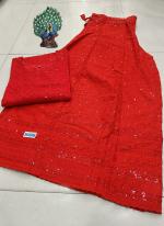 Red Cambric Cotton Festival Wear Chikankari Kurti With Sharara