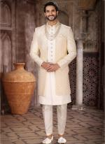 Cream Art Silk Wedding Wear Thread Work Mens Indo Western