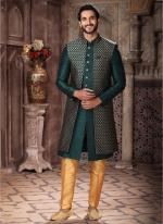 Green Art Silk Wedding Wear Thread Work Mens Indo Western