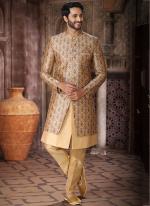 Yellow Art Silk Wedding Wear Thread Work Mens Indo Western