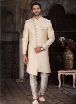 Cream Banarasi Jacquard Reception Wear Weaving Mens Indo Western