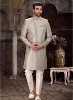 Light Grey Banarasi Jacquard Reception Wear Weaving Mens Indo Western