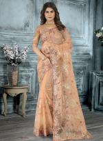 Dusty Peach Net Wedding Wear Cording Work Saree