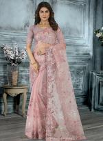 Dusty Pink Net Wedding Wear Cording Work Saree